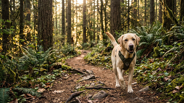 Labrador dog walking on a forest trail surrounded by trees and foliage  