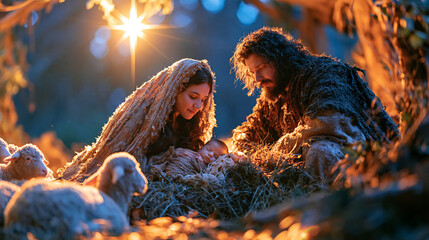 Obraz premium The Holy Family gathered around a humble manger beneath a brilliant Bethlehem star, newborn Jesus Christ sleeping peacefully while Mary and Joseph look upon Him with love, several sheep resting quie