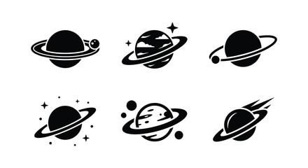 Ringed planet silhouettes with varying details on a white background © MdNirob