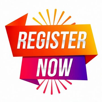 Vibrant colorful register now badge with explosion effect