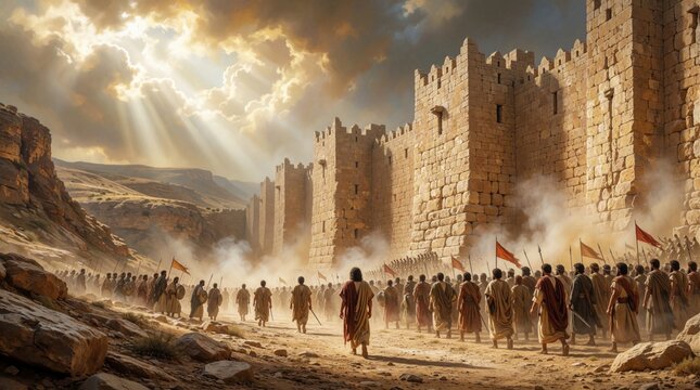 Ancient army approaches massive stone fortress walls under dramatic sky. Biblical soldiers march toward city of Jericho for epic siege battle. Soldiers carry red flags, spears in dusty desert
