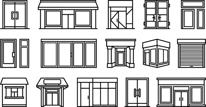 Collection of storefront facades depicted as black line drawings on a white background facade shopfront