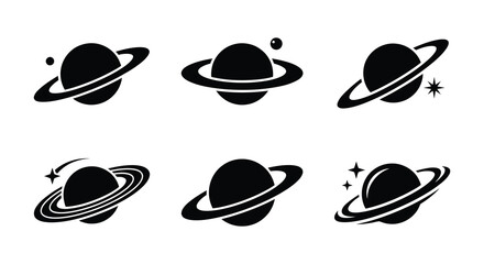 Ringed planet silhouettes with varying details on a white background © MdNirob