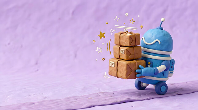 Blue claymation robot stacking cardboard packages on purple textured background for distribution center theme.