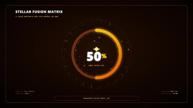 Futuristic sci-fi user interface displaying a stellar fusion matrix with progress percentage indicator and circular data infographics for solar energy core flux control and harnessing systems.