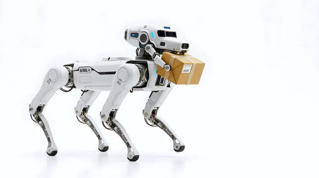 Four legged dog robot holding cardboard shipping parcel package in mouth standing on clean white background.