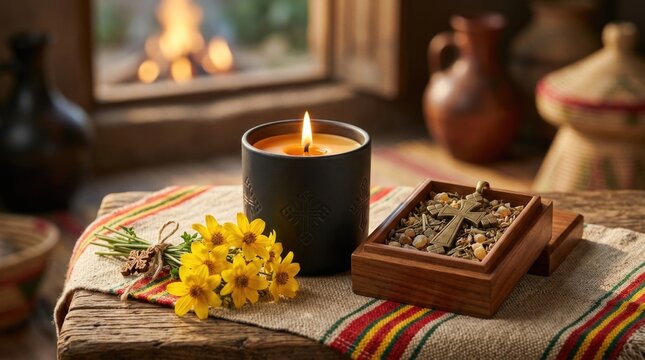 Meskel religious holiday celebration setup, glowing candle near holy cross artifact, yellow daisy flower bouquet, incense resin box resting on traditional woven fabric table indoor.