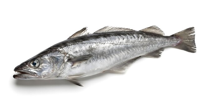Fresh whole raw hake fish on white background