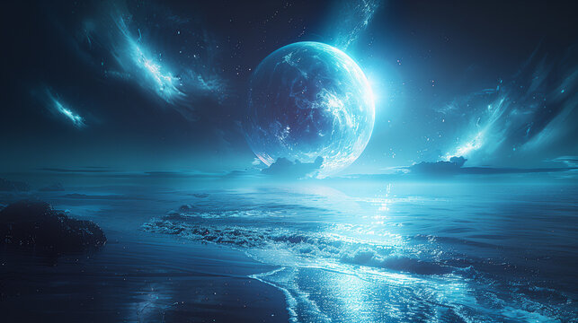 Giant glowing blue planet rising over an alien ocean at night