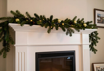Obraz premium Christmas home decor and holiday season celebration, festive fireplace mantel with evergreen pine garland and glowing fairy lights in a cozy living room
