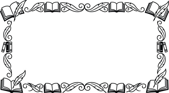 Vintage library frame with open books and quill pens border design element for academic literary stationery projects isolated on transparent background vector.
