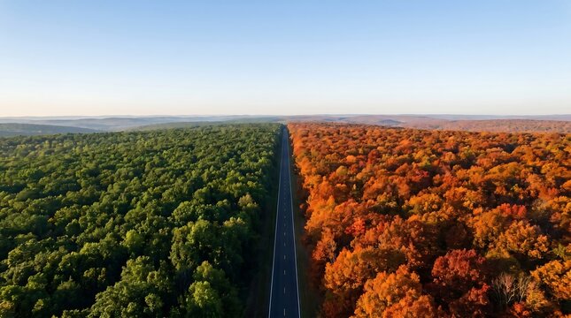 Conceptual aerial drone view of straight highway dividing lush green summer and vibrant autumn orange forest