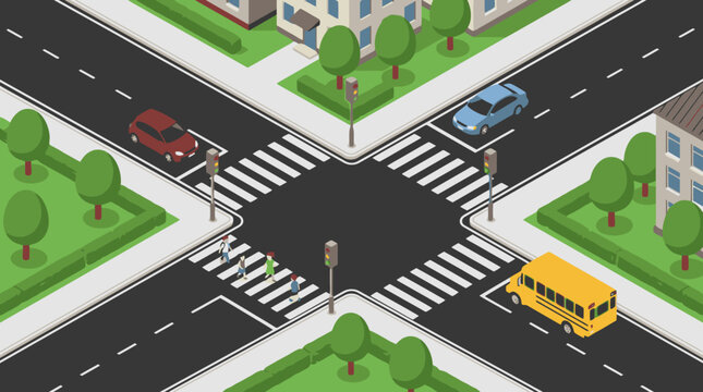 Modern Isometric of a Busy Urban Intersection with Vehicles Pedestrians and Traffic Signals with high quality professional line art symbols for modern creative design and digital branding projects