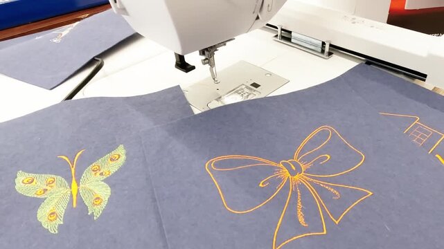 Embroidery machine with various decorative pattern samples displayed nearby, captured in smooth slow motion. Detailed view of textile craftsmanship, embroidery designs and professional sewing equipmen