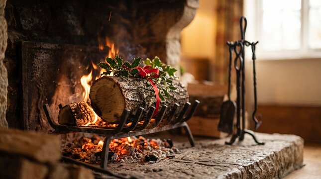 Yule log burning in hearth, Decorated yule log burning in stone fireplace in cozy living room  