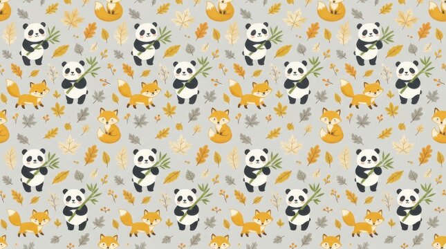 Pattern with cute panda bears holding bamboo and forest foxes with autumn leaves, decorative wallpaper design for children nursery textiles and baby fabric