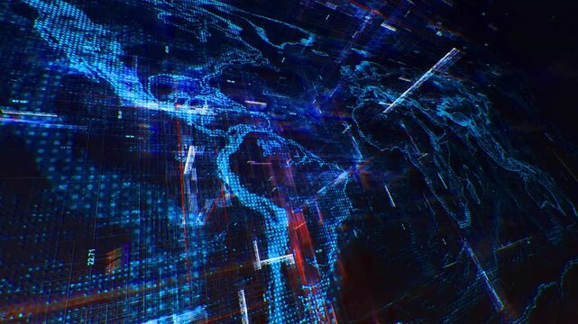 Digital earth map with glowing data streaming and network nodes pulsing in deep space background representing global finance.