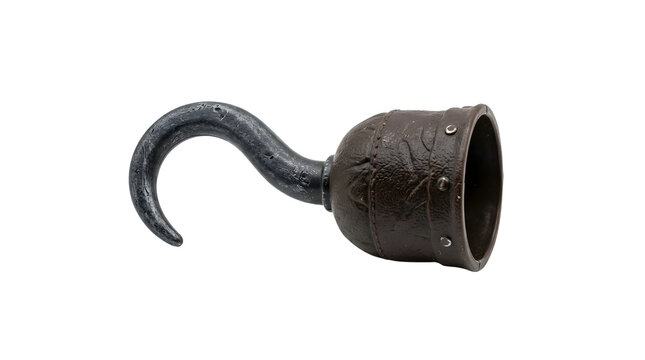 Vintage metallic pirate hook prosthetic hand isolated on white background.