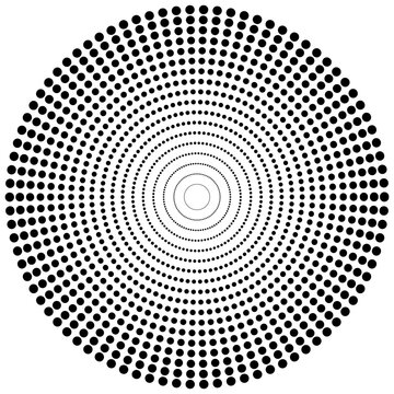 Black halftone circle pattern with radial dots on transparent background