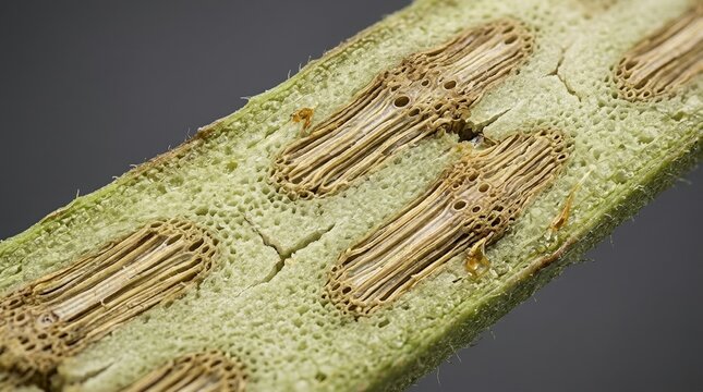 Microscopic cross section of plant stem, vascular bundles detailed macro view, botany science research background