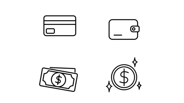 Digital payment icon pack displaying seamless looping animations of monetary elements on a transparent background for corporate presentations.