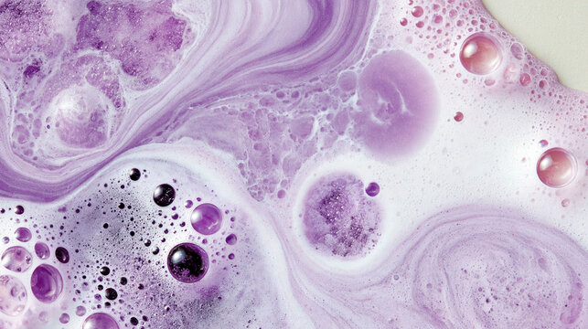 Abstract purple and white dirty soda foam with swirling cream, sparkling bubbles and fizzy texture creating a colorful refreshing beverage background