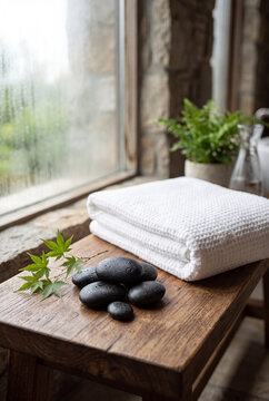Massage stones and folded towel on a wooden bench