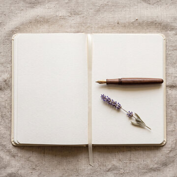 Open journal with a pen and dried flowers