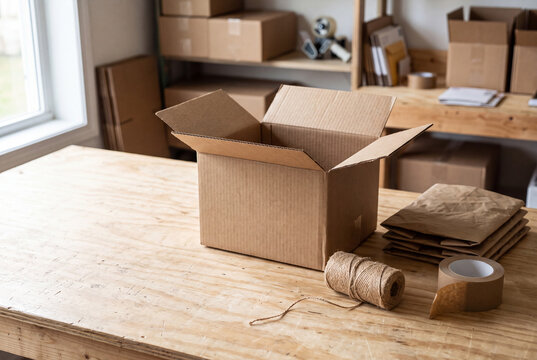 Kraft shipping box and paper packaging on a worktable