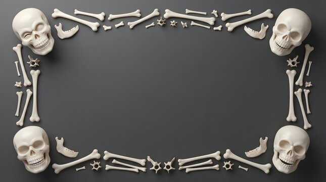 A chilling halloween border constructed from human skeletal remains skulls and bones creates a spooky and unsettling visual effect