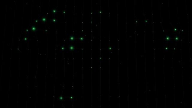 Glowing green dots form an abstract network or circuit board pattern against a dark background, suggesting technology and connectivity.