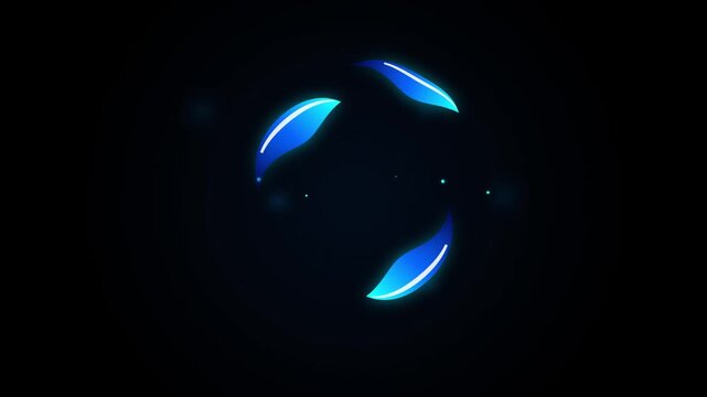 Three blue glowing leaves with light streaks spin in a circle in the dark void, digital art.