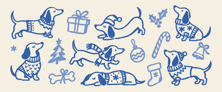 Christmas Dachshund Dogs Hand Drawn Holiday Doodle Set