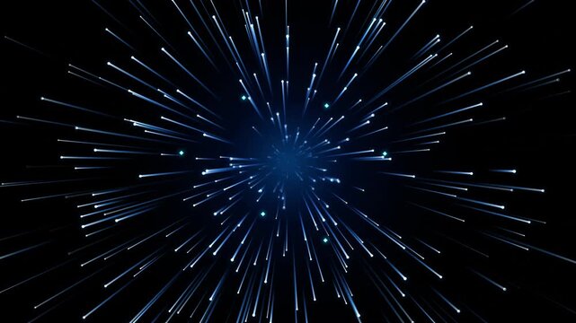 Abstract explosion of light trails, radiating from a central point in a dark, cosmic expanse. This energetic burst evokes motion, speed, and the vastness of space.