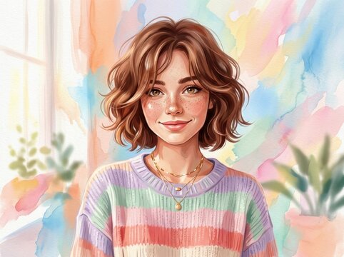 Portrait of a young woman with wavy hair and freckles wearing a striped sweater in a bright room with watercolor artistic background