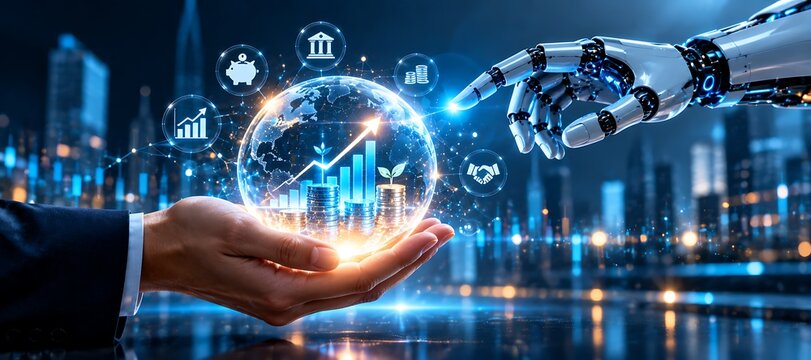 Human hand holding glowing digital earth with financial growth charts and coins representing global economic stability through ai technology.