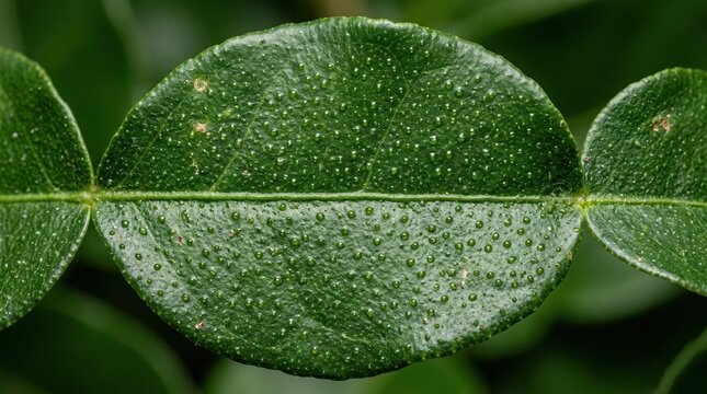 Fresh Kaffir Lime Leaf Macro View, Vibrant Green Citrus Leaf Texture, Aromatic Herb for Thai Culinary Cooking