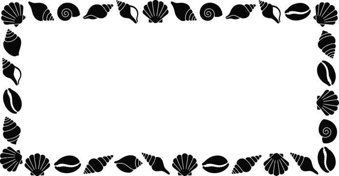 Black seashell border frame vector art, perfect for beach-themed party invitations, summer event promotions, and coastal decor designs.