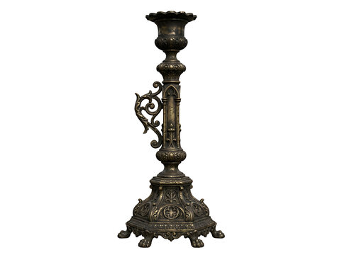 Antique ornate bronze candlestick holder isolated on transparent background