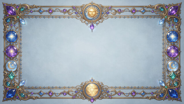 Elegant celestial frame with sun, moon, stars, and sparkling gems for a luxurious and magical design.