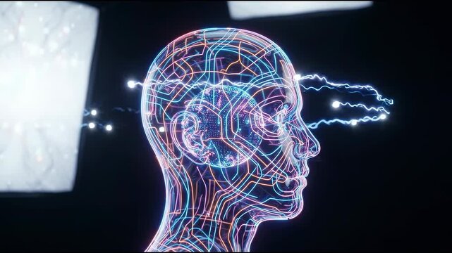 Human profile neural network glowing neon blue orange pink circuit lines forming human head, orbiting data node void with dark black backdrop, studio