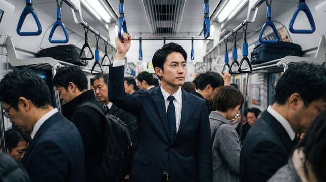 A businessman in a suit commuting on a packed train, holding onto a hanging strap.