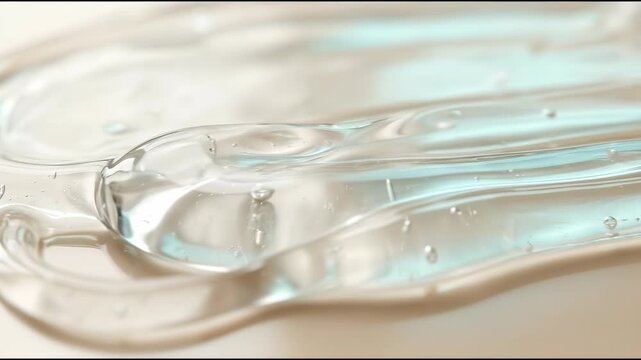 Hyaluronic acid gel, clear elastic gel forming slow rounded ridges across a glossy plane, aqua pearl and soft beige palette, transparent hydrogel mate