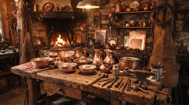Rustic coppersmith workshop with vintage copper cookware, traditional artisan metalworking tools on wooden workbench, warm glowing fireplace forge interior