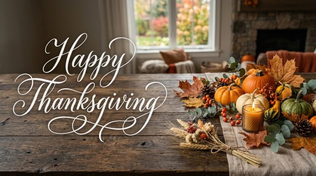 Festive thanksgiving day table setting with autumnal decorations and cozy background