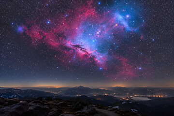 Fototapeta premium A spectacular night view from a rocky mountain peak, featuring a vibrant pink and blue nebula glowing brightly in a star-studded sky over a distant city valley.