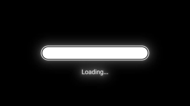 A glowing white loading bar slowly filling up on a black screen, representing system updates, data downloading, software installations, and modern tech progress indicators for video project.