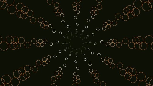 Abstract gold circles moving in radial pattern on black background