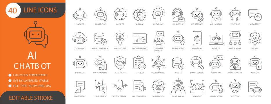 Ai chatbot line icon set with virtual assistant, smart chat, automation, NLP, AI agent and customer support symbols. Editable outline icons