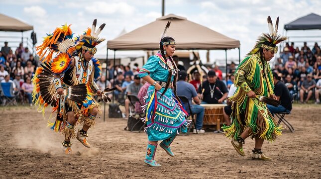 Native American dancers in traditional regalia perform at an outdoor powwow with spectators watching